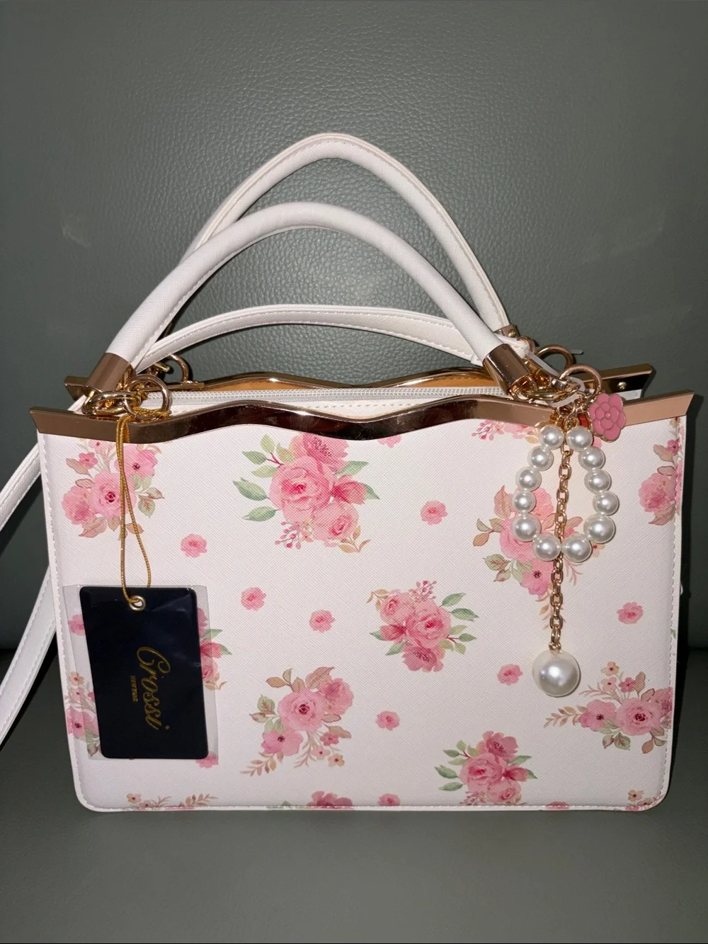 Grossi 🆕 York Floral Pearl Charm White & Pink Tote Bag